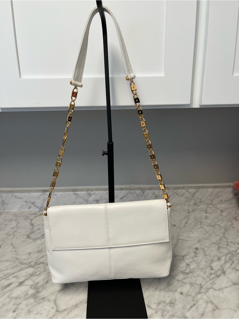 Paloma Picasso White Leather Shoulder Bag with Gold Chain Strap
